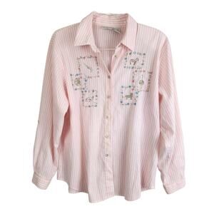 Vintage Pink Striped Button Front Embroidered Safari Animals Top Large